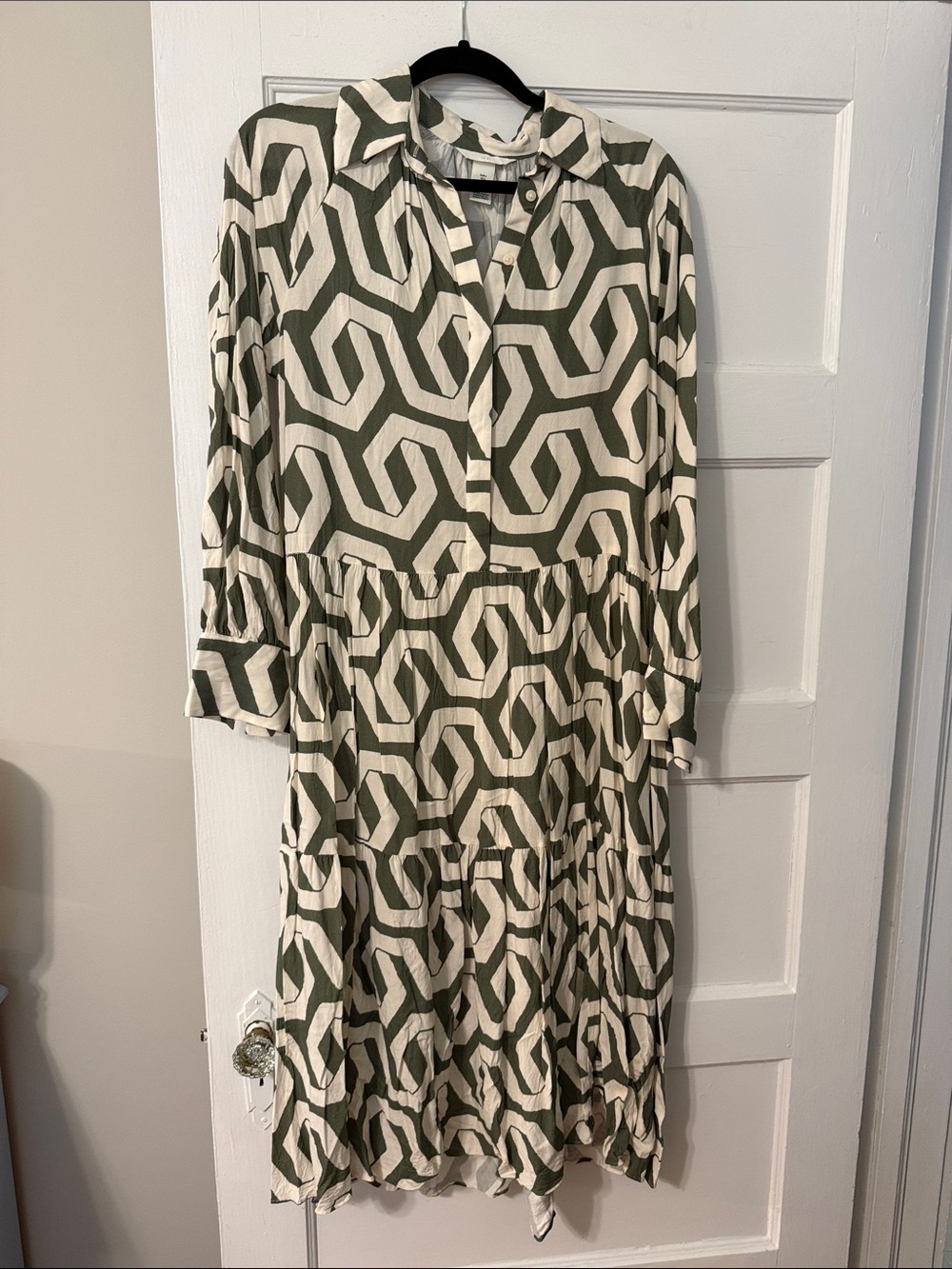 H&M Olive & Cream Geometric Shirt Midi Dress